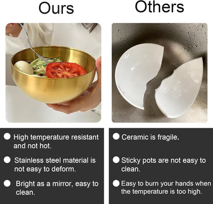 5 Pack 25 Oz Stainless Steel Bowl Set, Heat Insulated Metal Soup Bowls, Matte Finish Cereal Bowls for Rice Salad Noodle Snack Cooking Kitchen Ice Cream Serving Mixing Prep (Gold)