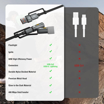 4smarts 6-in-1 Outdoor Explorer Lightning/USB-A/USB-C to USB-C Cable with Emergency Light & Fire Starter, 60W Charging Cable with Survival Tools, 4ft/1.2m Rugged Design for Camping, Hiking & Travel