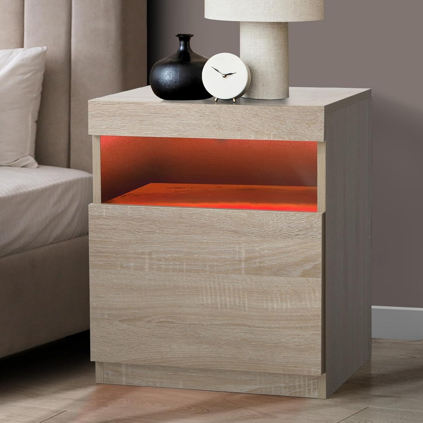 Oikiture Bed Side Table with LED Light Open Shelf and Storage Cabinet Wooden Bedside Table Nightstand