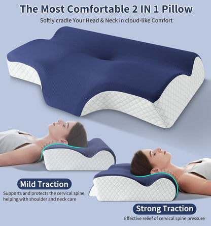 2-in-1 Cervical Memory Foam Pillow for Neck Pain Relief - Ergonomic Orthopedic Contour & Neck Roll Pillow with Cooling Cover - Adjustable Neck Support Pillow for Side Back Stomach Sleepers (Canada)