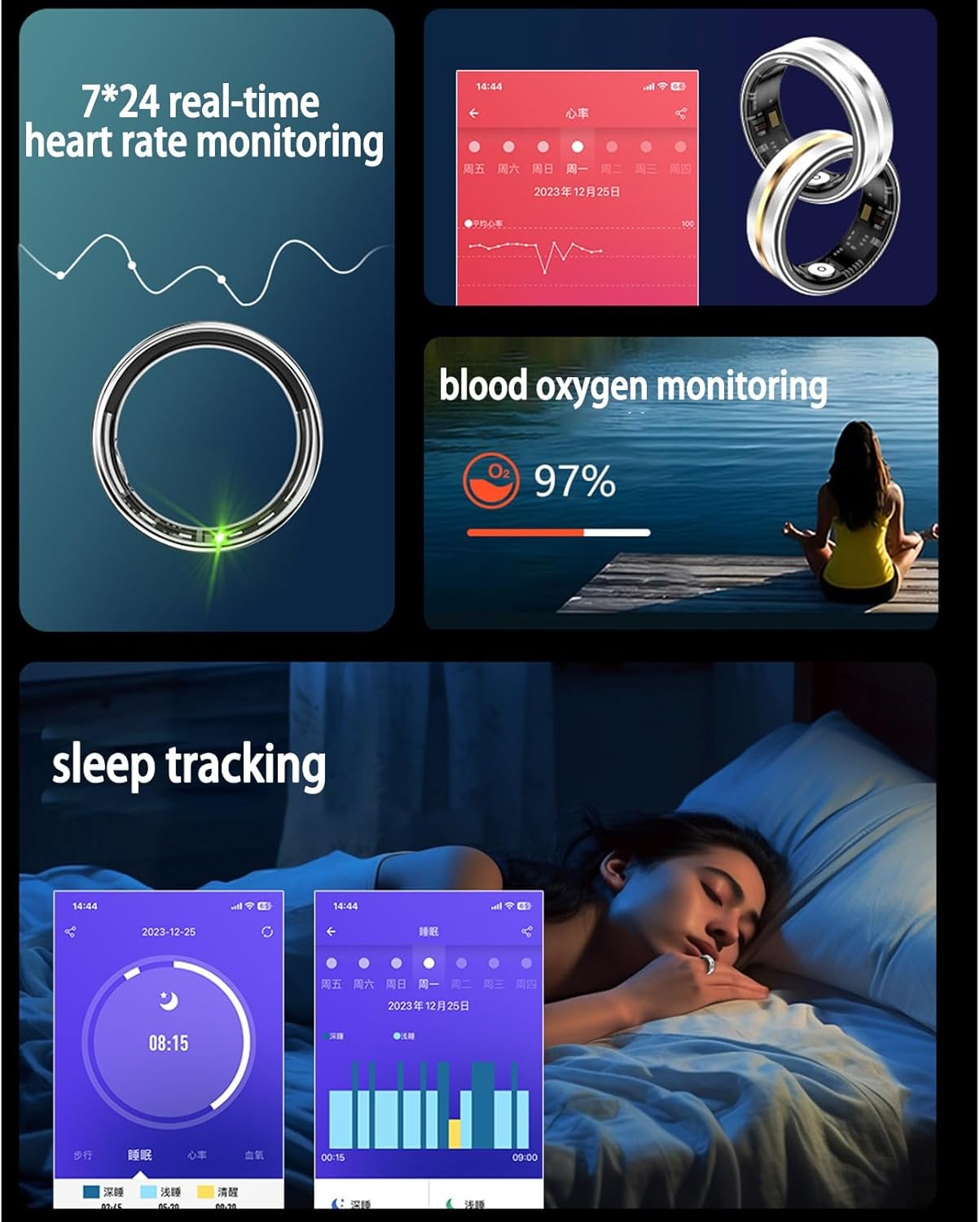 BiiKoon Smart Ring Health Rings For Donne E Uomini Fitness Tracker Ring Wearable Tech Rings IP68 Impermeabile Health Tracker For Il Monitoraggio In Tempo Reale Della Frequenza Cardiaca(Gold,10)