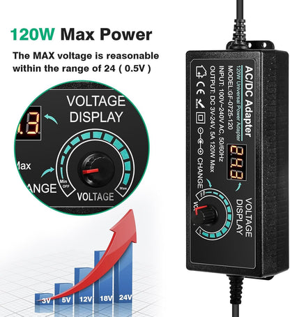 Jadeshay Adjustable Power Adapter 3 V-24 V 5 A 120 W Universal Adapter 100 V-240 V AC to DC with LED Display, Power Adapter Converter for Home Electronics