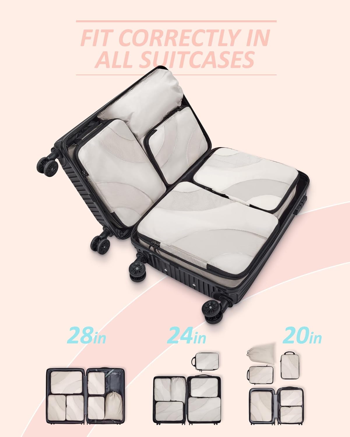 BAGSMART Compression Packing Cubes for Travel, 6 Set Travel Packing Cubes Suitcases, Compression Suitcase Organizers Bag Set & Travel Cubes for Luggage, Lightweight Packing Organizers White Opal