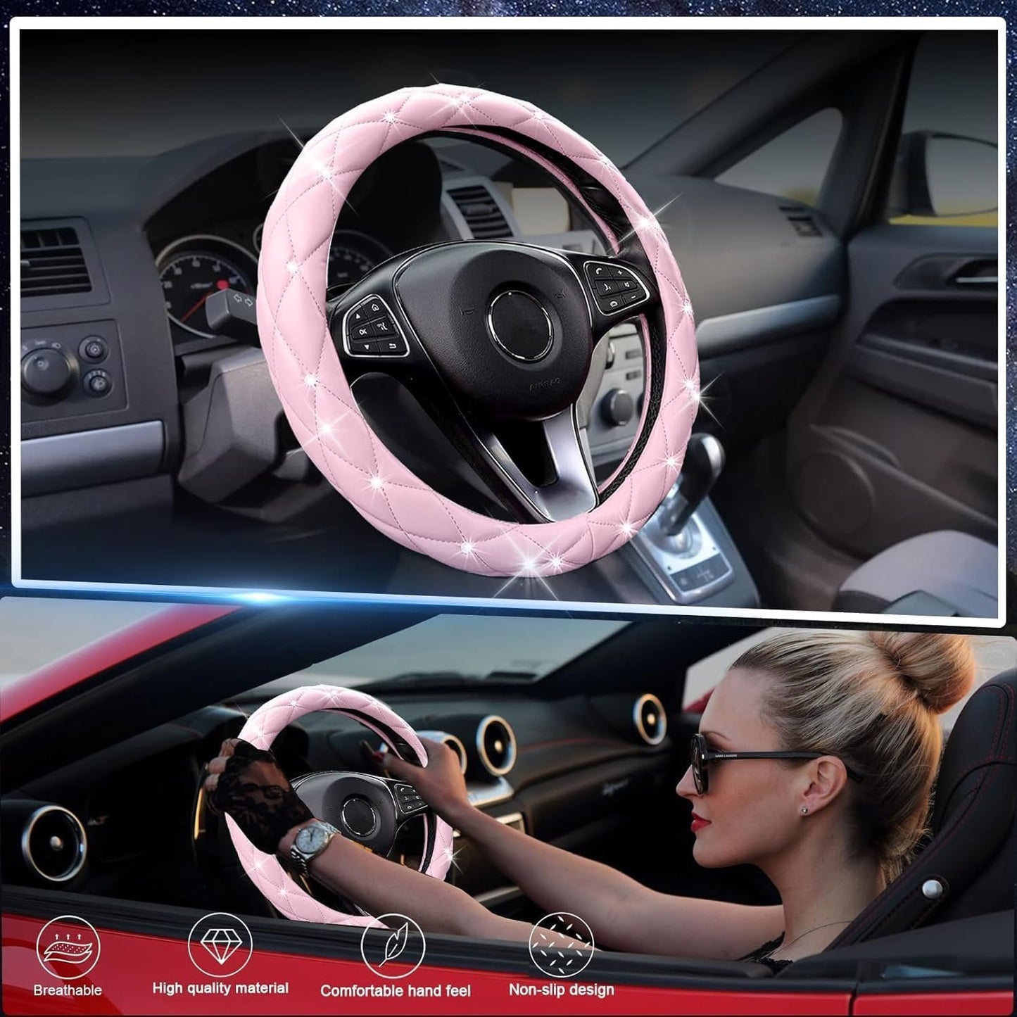 SuperKaKa Pink Steering Wheel Cover, Auto Cute PU Diamond Bling Breathable Slip-Proof Soft Comfort Leather Car Interior Accessories Protector Sparkly Fit Most O-Shaped Steering Wheels for Women Men