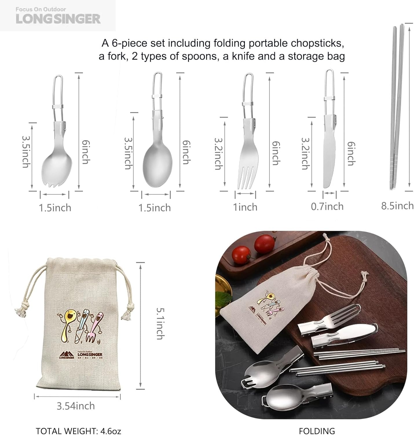 Lightweight Foldable Cutlery Set, Stainless Steel Knife, Fork, Spoon, Chopsticks, Portable Utensils Set, Outdoor Flatware with Storage Bag, Suitable for Travel, Camping, Picnic, Barbecue