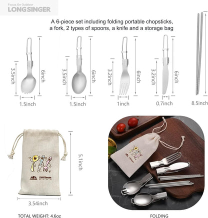 Lightweight Foldable Cutlery Set, Stainless Steel Knife, Fork, Spoon, Chopsticks, Portable Utensils Set, Outdoor Flatware with Storage Bag, Suitable for Travel, Camping, Picnic, Barbecue