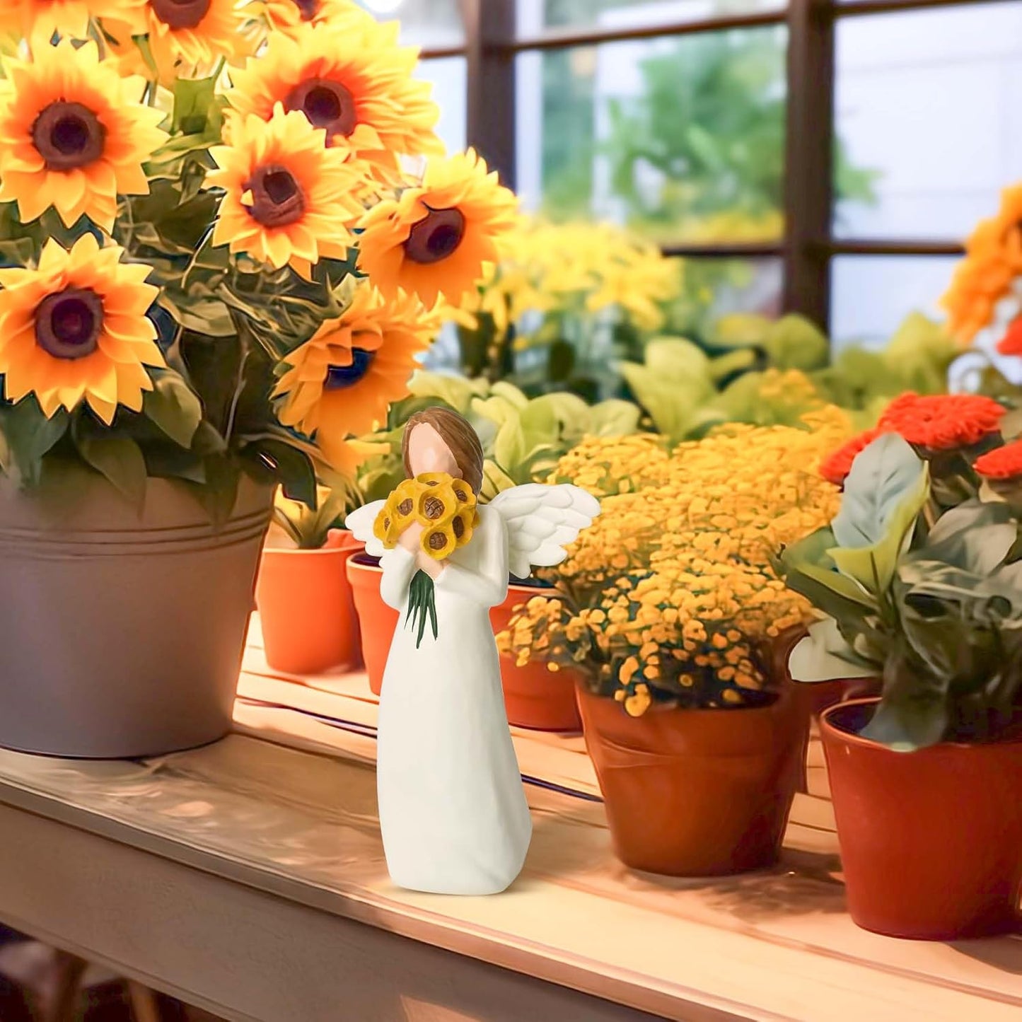 Sunflower Gifts for Women, Guardian Angel Figurines with Sunflower Bouquet - Hand-Painted Resin Collectible Figure for Women, Mum, Teachers - Unique Home Décor & Angel Gifts in Christmas, Birthday