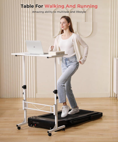 Small Standing Desk Adjustable Height 32 Inch Mobile Sit Stand up Portable Rolling with Wheels Standing Desk for Walking pad Treadmill White