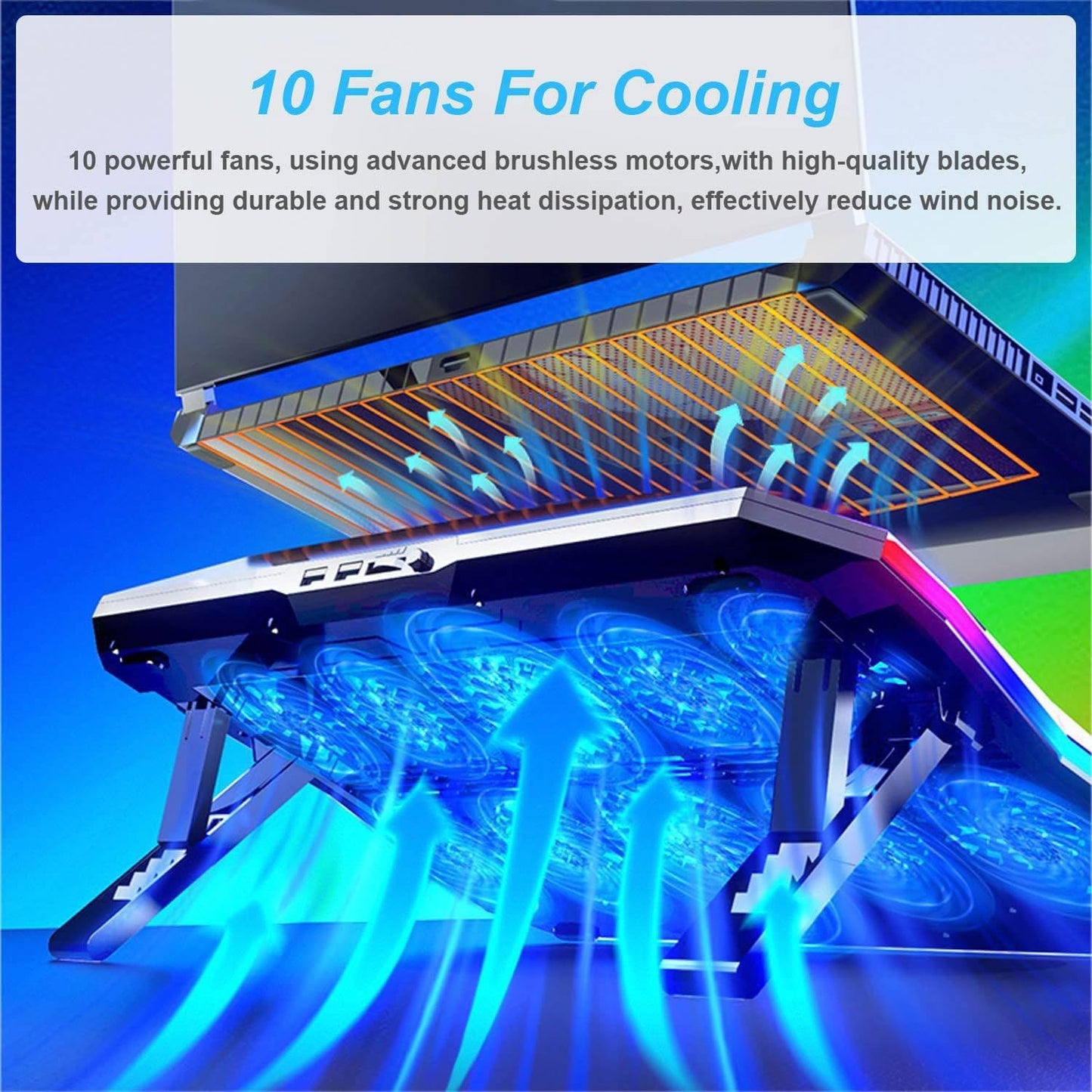 ZYHKJYL 10 Fans RGB Gaming Laptop Cooler Cooling Pad 15-17.3 Inch, Cooling Stand with 6 Height Adjustable, Laptop Cooler with RGB 2 USB Ports, black