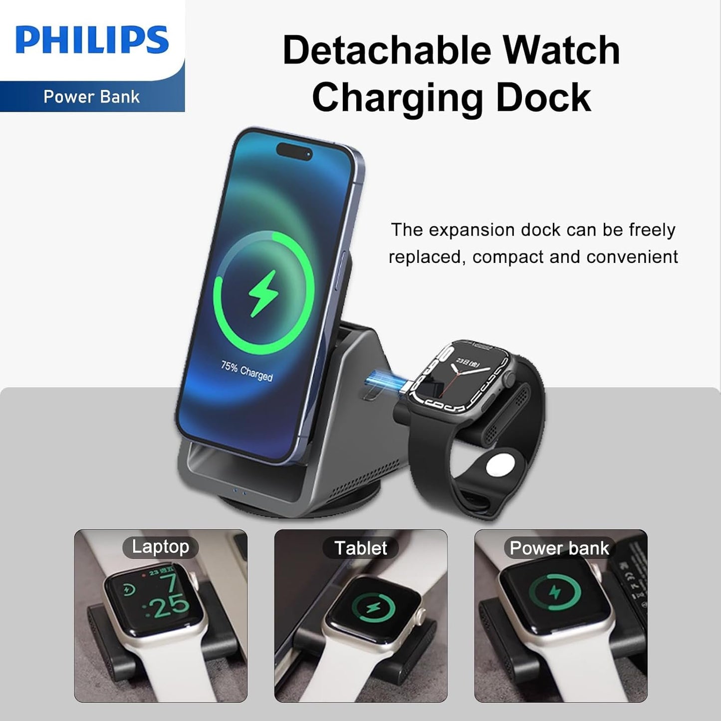 PHILIPS 3 in 1 Wireless Charging Station with Magsafe Qi | iPhone/Samsung | iWatch | Airpod | Multiple Charger Devices Station| Desktop/Portable Foldable Reliable 3X Devices with Ring & Decal (V2.0)