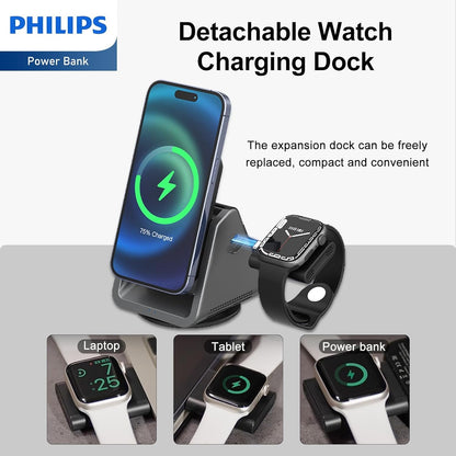 PHILIPS 3 in 1 Wireless Charging Station with Magsafe Qi | iPhone/Samsung | iWatch | Airpod | Multiple Charger Devices Station| Desktop/Portable Foldable Reliable 3X Devices with Ring & Decal (V2.0)