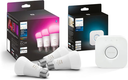 Philips Hue Smart Lighting Bundle: 3-Pack A19 LED Smart Light Bulbs (White and Color Ambiance) with Philips Hue Bridge - Control with Hue App, Compatible with Alexa, Google Assistant, Apple Homekit