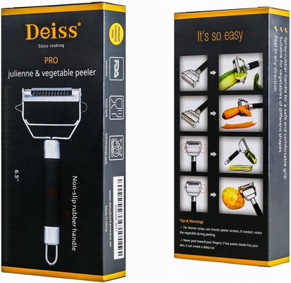 Deiss PRO Swivel Vegetable Peeler - Sharp Stainless Steel Peeler with Easy Non-Slip Hand Grip, Potato Peelers for Kitchen, Fruit, Carrot, Apple, Veggie, Kiwi, Durable, Dishwasher Safe (Silver Wide)