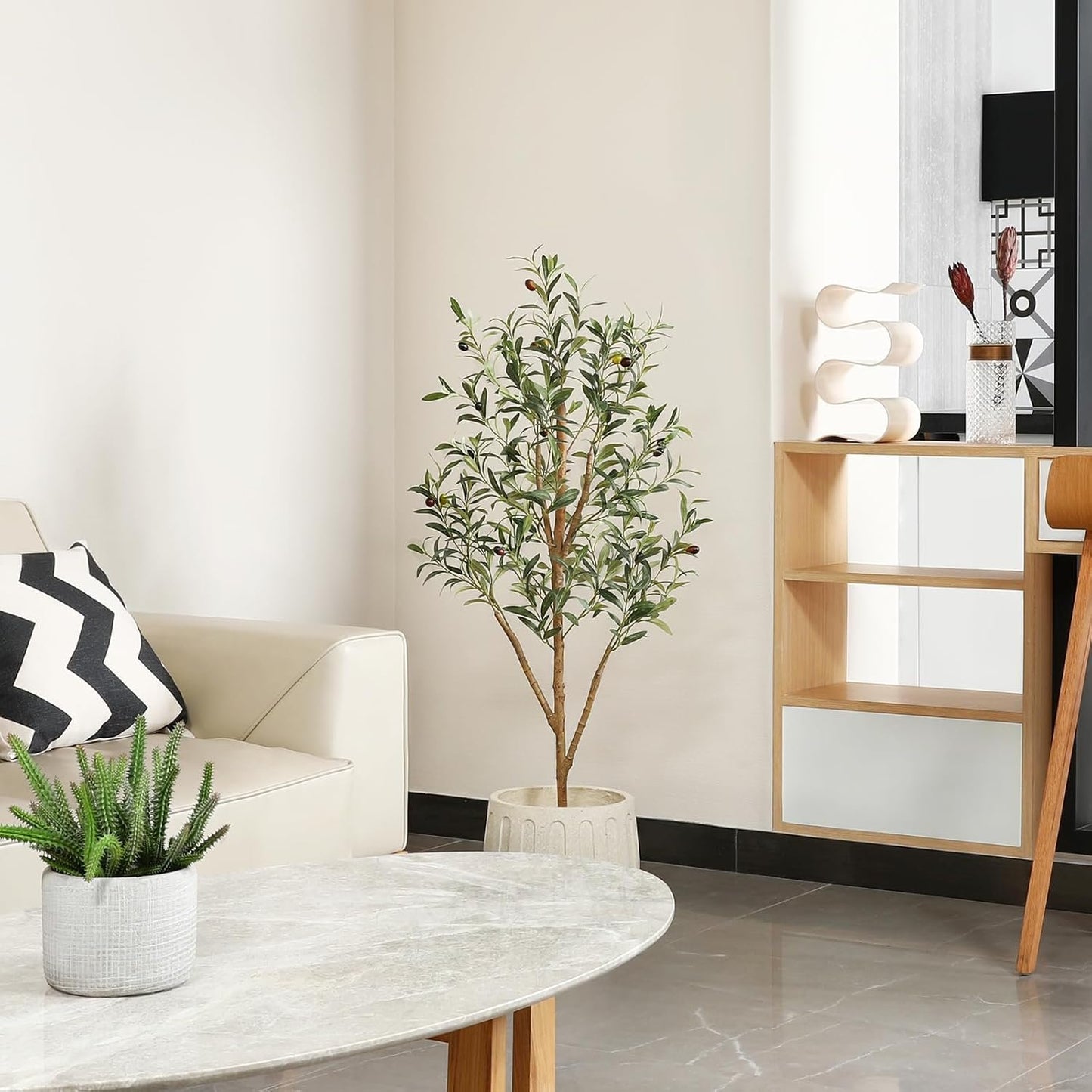 OAKRED Artificial Olive Tree 4ft, Lush Faux Olive Tree for Indoor with Natural Wood Trunk and Lifelike Fruits, Silk Tall Fake Olive Tree for Home Decor Office Living Room, 1Pcs
