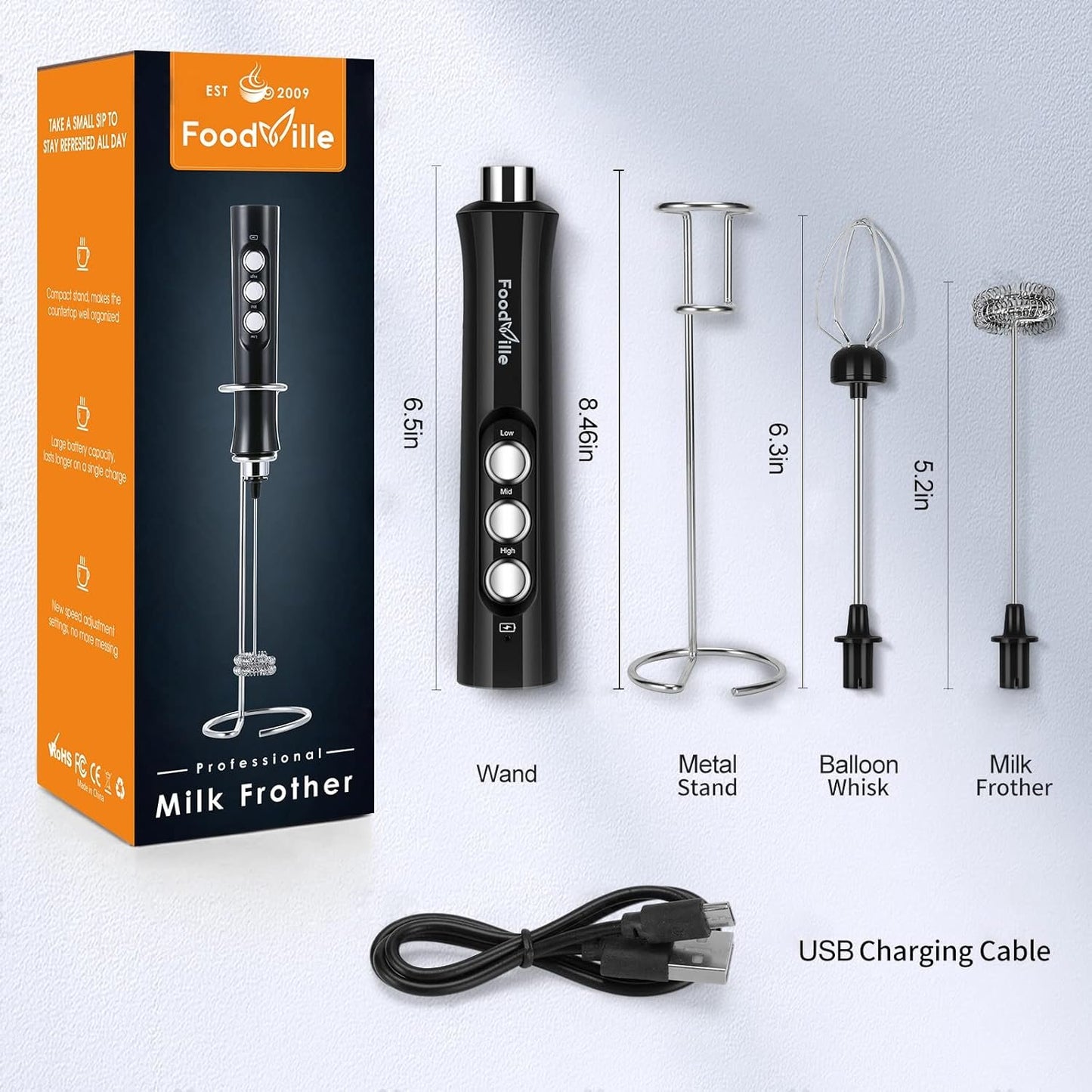 FoodVille MF02 Rechargeable Milk Frother Handheld Foam Maker with Stainless Whisk for Cappuccino, Latte, Bulletproof Coffee, Keto Diet, Protein Powder, Matcha (Black)