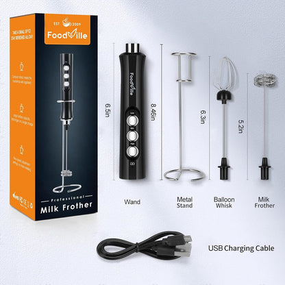 FoodVille MF02 Rechargeable Milk Frother Handheld Foam Maker with Stainless Whisk for Cappuccino, Latte, Bulletproof Coffee, Keto Diet, Protein Powder, Matcha (Black)