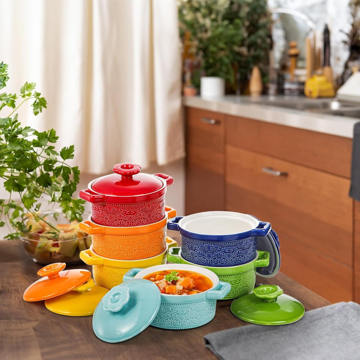 Hacaroa Set of 6 Mini Cocotte with Lid, 8 Oz Ceramic Ramekins with Handles, Small Casserole Dishes Individual Serving Pot for Baking, Soufflé, Soup, Cobbler, Oven Safe, 6 Colors