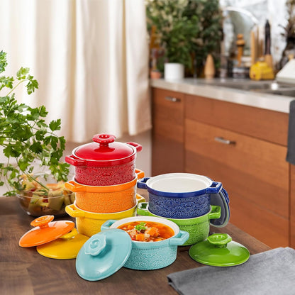 Hacaroa Set of 6 Mini Cocotte with Lid, 8 Oz Ceramic Ramekins with Handles, Small Casserole Dishes Individual Serving Pot for Baking, Soufflé, Soup, Cobbler, Oven Safe, 6 Colors