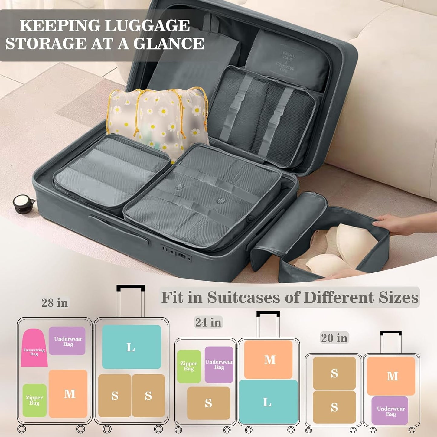 GIBOHOM Suitcase Organizer Set, 15 Pieces Space Saver, Packing Cubes for Holiday and Travel, Dividers Suitcase, Travel Organizer with Transparent Pockets, Grey