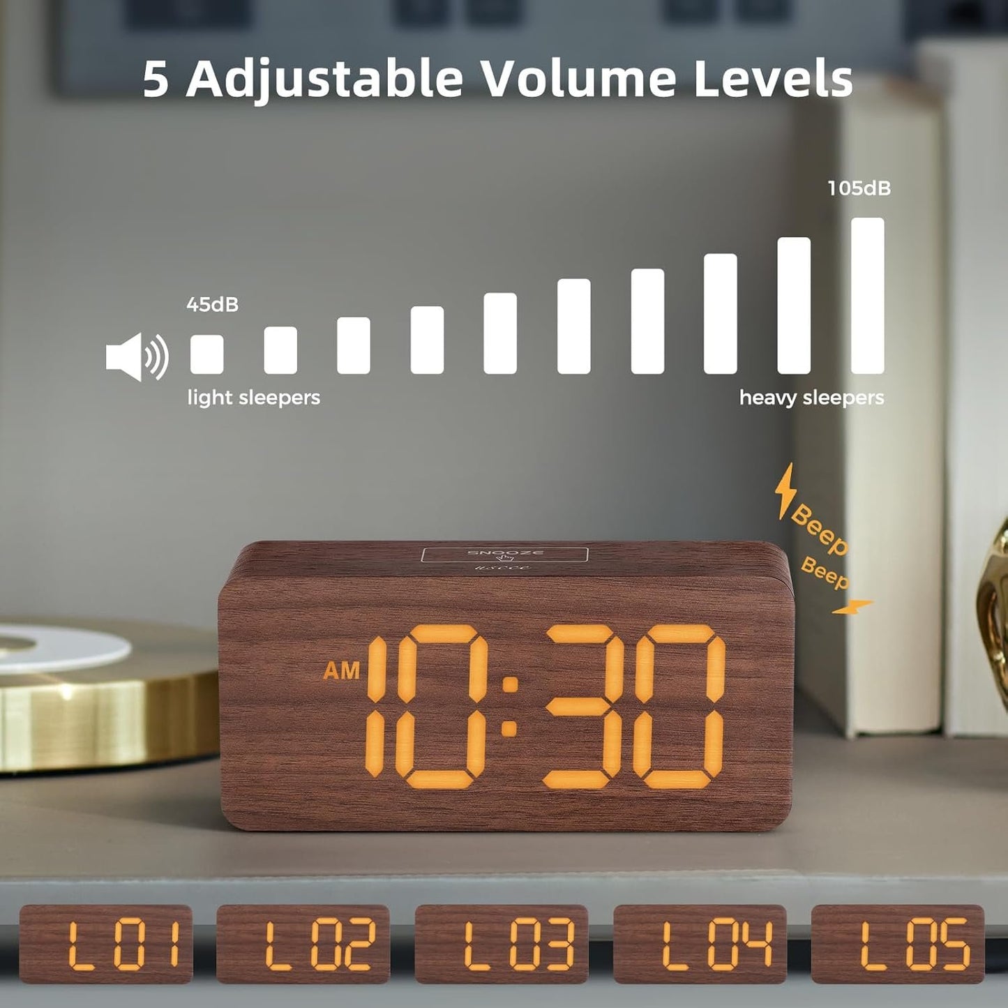 Wooden Digital Alarm Clocks for Bedrooms: Dimmable Dual Alarm Clock with Large Numbers for Bedside Desk - Brown