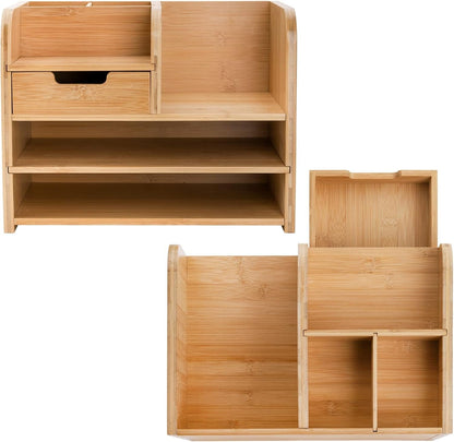 Frcctre Bamboo Desktop Organizer with Drawer, 3 Tier Wooden Desk File Document Organizer with Pen Holder, Tabletop Stationery Storage Organizer Storage Rack for Desk Accessories, Office Supplies