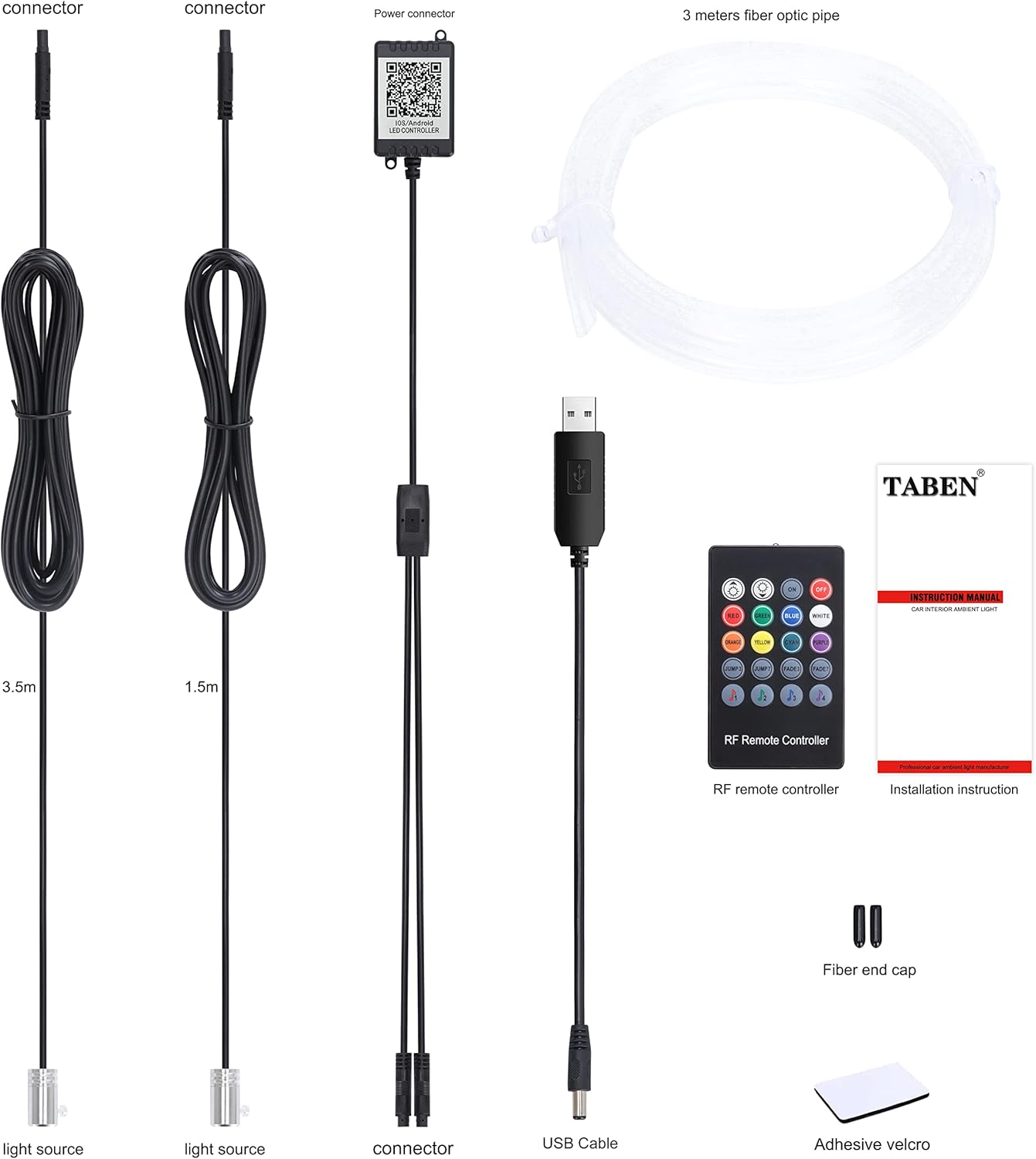TABEN Car Ambient Light USB RGB Remote Control + App Control Decorative Light Lamp DIY Refit Flexible Fibreglass Tube 64 Colours Interior Lighting Atmosphere Light 1W DC 12V 3m