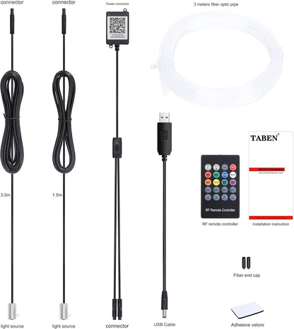TABEN Car Ambient Light USB RGB Remote Control + App Control Decorative Light Lamp DIY Refit Flexible Fibreglass Tube 64 Colours Interior Lighting Atmosphere Light 1W DC 12V 3m