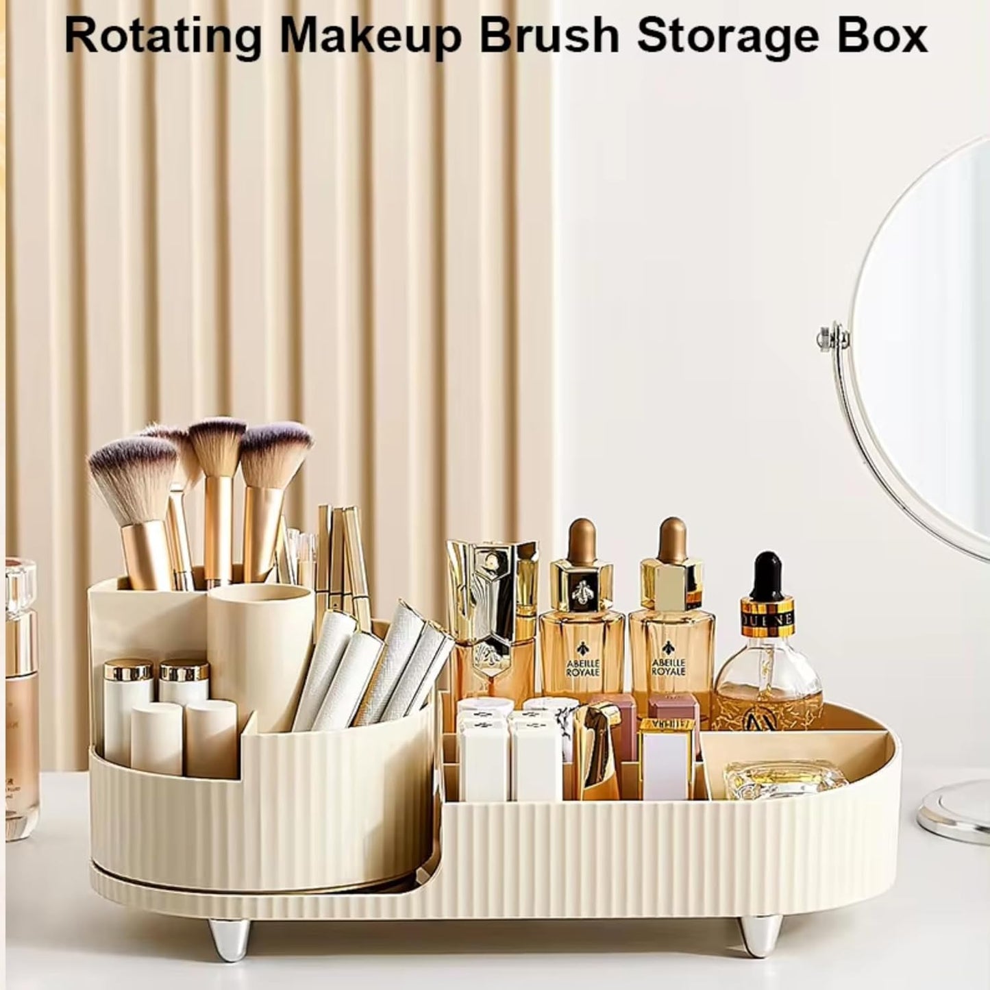 LUSHLOOM Modern Elegant Rotating Makeup Organizer - 360° Adjustable Cosmetic Storage Tray, Multi-Compartment Organizer for Makeup, Brushes, Skincare, Accessories - Beige