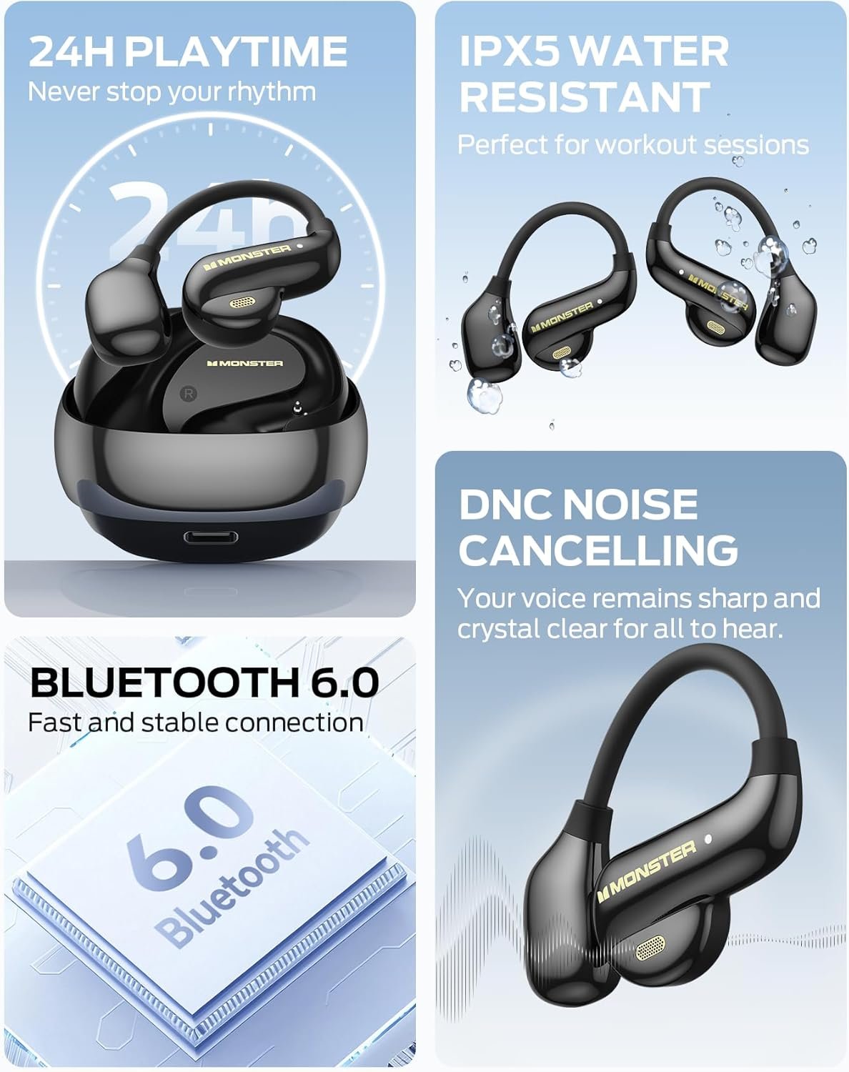 Monster Open Ear AC390 Headphones, Bluetooth 6.0 Earbuds with Stereo Sound, Wireless Headphones 24H Playtime, IPX5 Waterproof, Rotating Charging Case with Lanyard, Ultra-Light Open Ear Earbuds