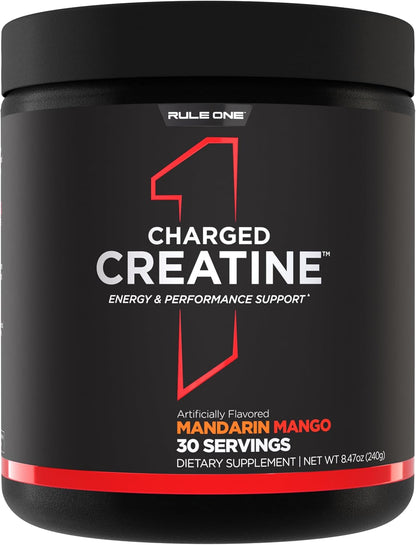 Rule1 R1 Charged Creatine Energy & Performance Support Supplement 240 g, Mandarin Mango (30 Servings)