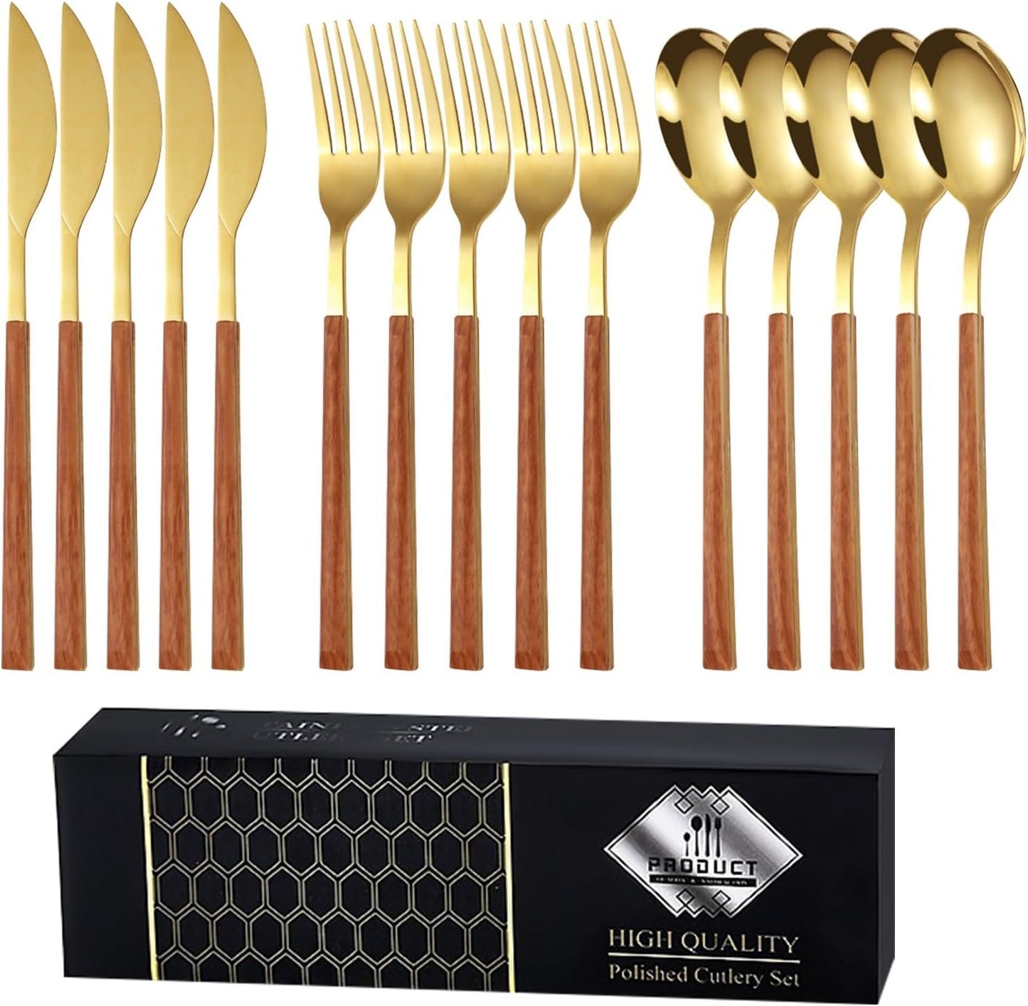 Cutlery Set, 15-Piece Stainless Steel Utensil Set, Flatware Set Service for 5 Use for Home & Restaurant with Gift Box, Gold