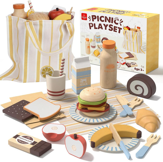 Lehoo Castle Wooden Play Food Toys, Kids Play Kitchen Accessories Toddler Cutting Fruits Vegetables Toy with Shopping Bag, Pretend Play Educational Montessori Toy Gift for Boys Girls 3+