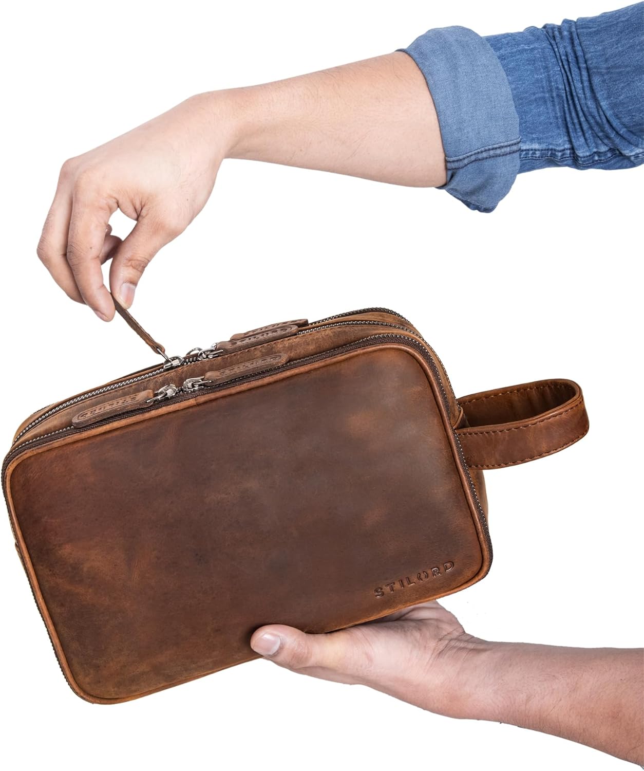 STILORD 'Catania' Women's Men's Leather Large Travel Beauty Case Make Up Bag Make Up Bag Make Up Bag Make-up Bag Make-up Beauty Case Men's Makeup Bag Genuine Leather, Zamora-Brown, Toiletry Bag