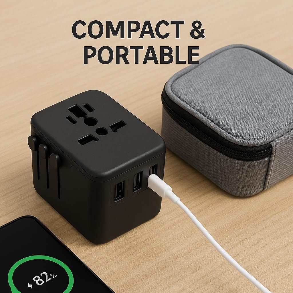Universal Travel Adapter, International Travel Charger, Type A- Power Plug with 2 USB and Type-C PD, Fast Charging Adaptor for iPhone, Tablet, Gopro & Laptop, Black