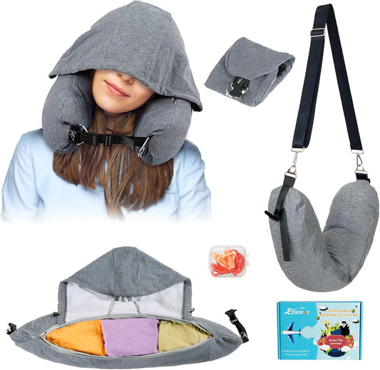 Stuffable Neck Pillow for Travel with Hood, Hoodie Travel Pillow Stuffable with Clothes, Fillable Travel Pillow Storage Bag, Soft Empty Neck Pillow Case, Packable for Airplane Travel Essentials