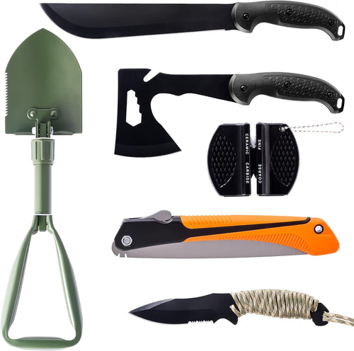 KNINE OUTDOORS Survival Shovel with Axe Set, Fixed Blade Knife, Camping Knife with Rope Handle, Folding Saw, Knife Sheathes, Hunting Knife Set of 9