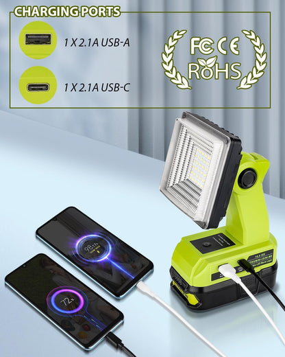 Cordless LED Work Light for Ryobi 18V Battery, 25W LED Floodlight with USB-A&USB-C 2.1A Fast Charging Ports for Jobsite, Car Repairing, Camping, Emergency