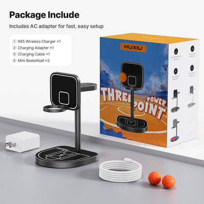 KU XIU X85 3-in-1 Wireless Charging Station, Magnetic Charger Stand with Mini Basketball Hoop for iPhone 16/15/14/13/12, 5W Fast Charging for Apple Watch S10/Ultra/9/8/7, AirPods 4/3/2/Pro - Black