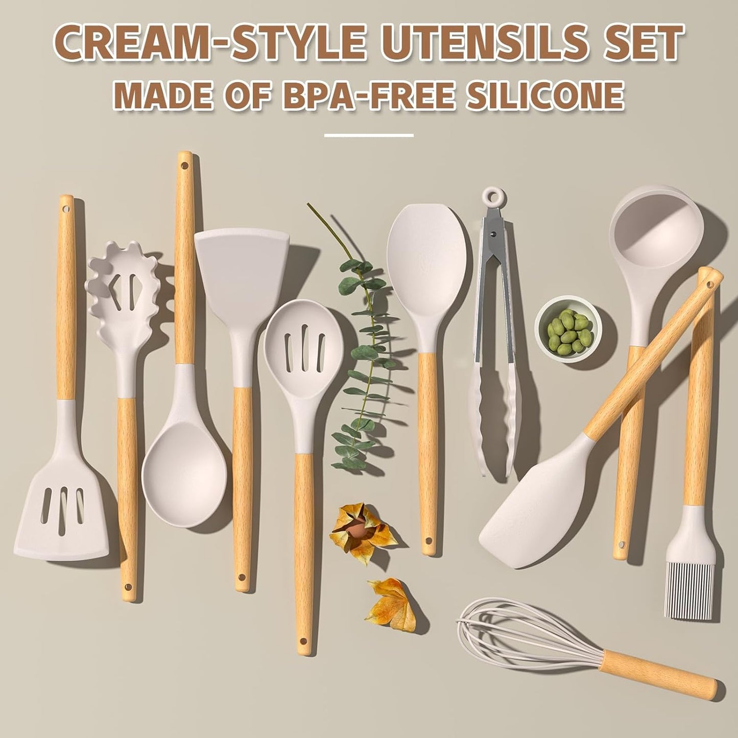 Kitchen Utensil Set Silicone Cooking Utensils Umite Chef 24 pcs Kitchen Utensils Tools Wooden Handle Spoons Silicone Utensil Set Spatulas Set Cookware Turner Tongs Whisk Kitchen Gadgets with Holder