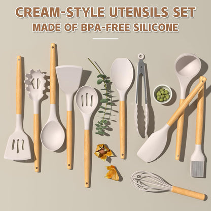 Kitchen Utensil Set Silicone Cooking Utensils Umite Chef 24 pcs Kitchen Utensils Tools Wooden Handle Spoons Silicone Utensil Set Spatulas Set Cookware Turner Tongs Whisk Kitchen Gadgets with Holder