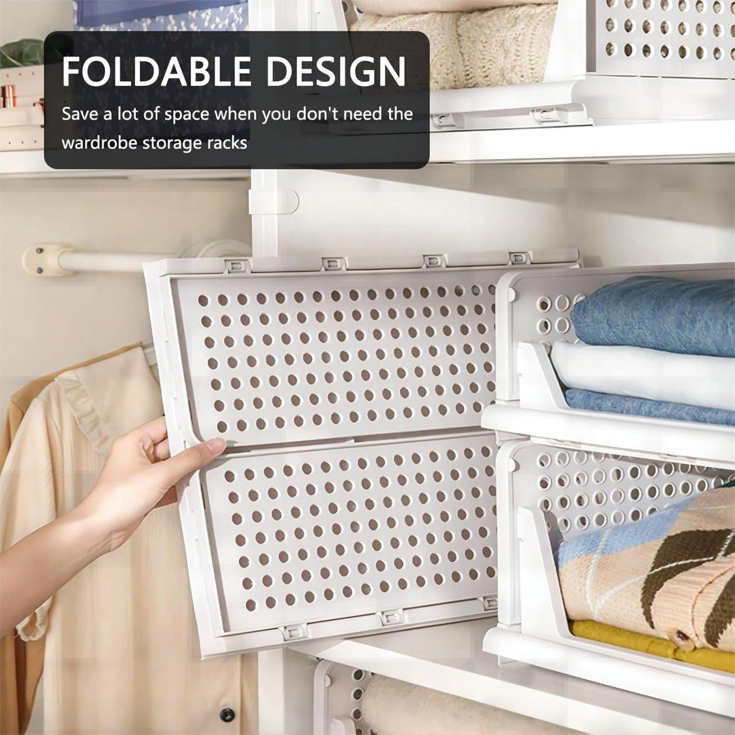 Stackable Plastic Storage Basket, Foldable Closet Organizers and Storage Bins, Drawer Organizer for Clothes, Storage Box for Wardrobe Kitchen Bathroom Office Dorm - 4 Pack L