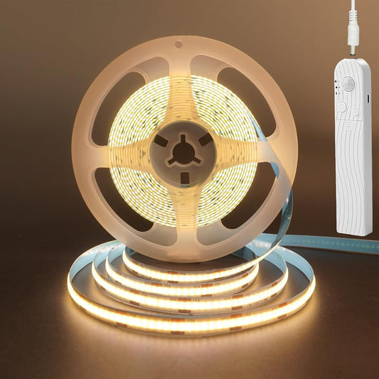 Clearhill 5V COB LED Strip Lights with PIR Movement Sensor 2Packs,Time-Delay and Brightness Adjustable,Two Power Supply Options: Batteries(Not Included) or USB,9.84FT/3M,Warm White 3000K,for Cabinet
