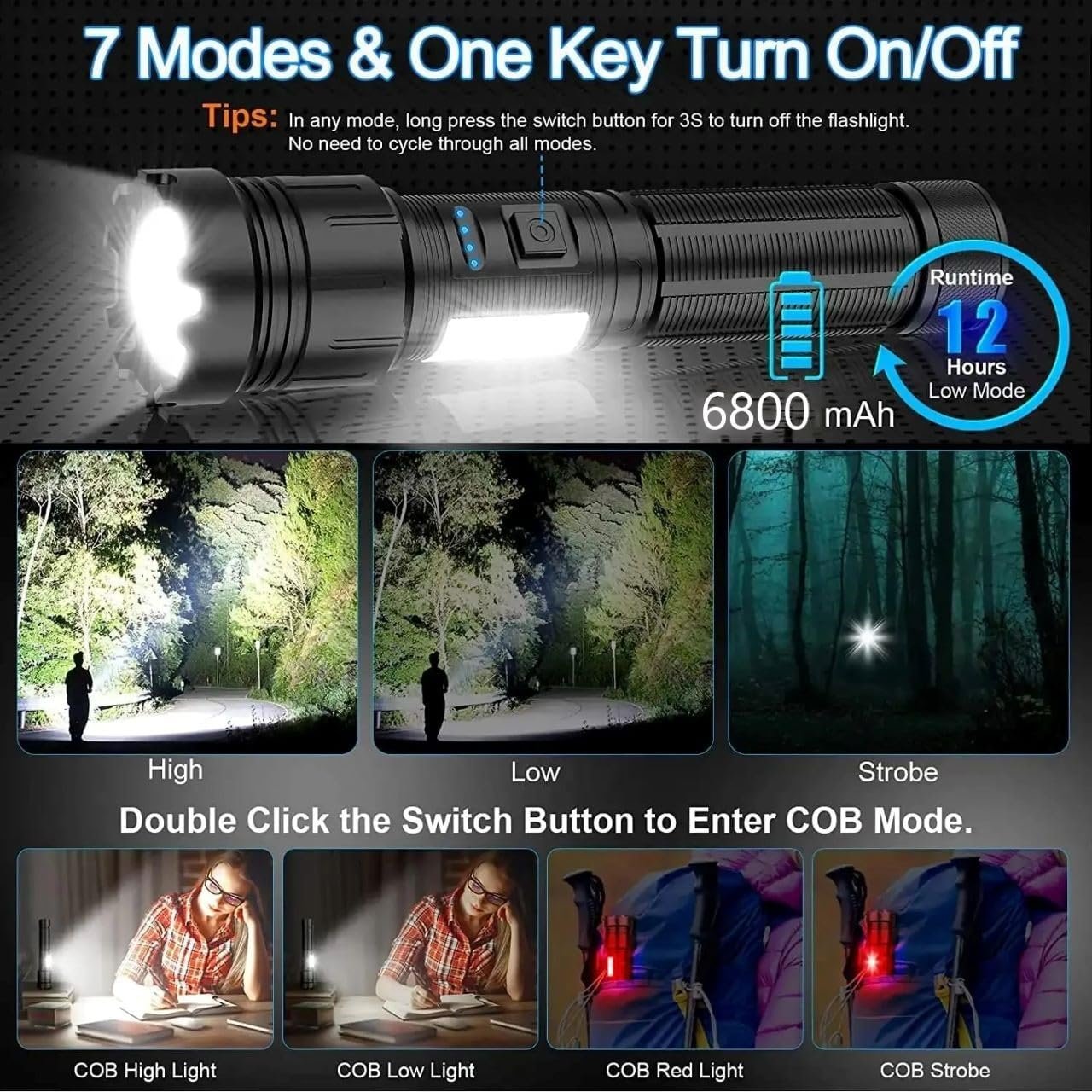 Rechargeable LED Flashlights High Lumens Super Bright Powerful 6800mAh Battery Super Bright Tactical Flashlight 7Modes with COB Work Light Waterproof Powerful Magnet