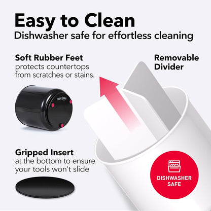 Extra Large Heavy Duty Rotary Tool Holder with Weighted Spill Resistant Base, Removable Divider and Fitted Kitchen Utensil Holder Insert, Rust Proof and Dishwasher Safe White