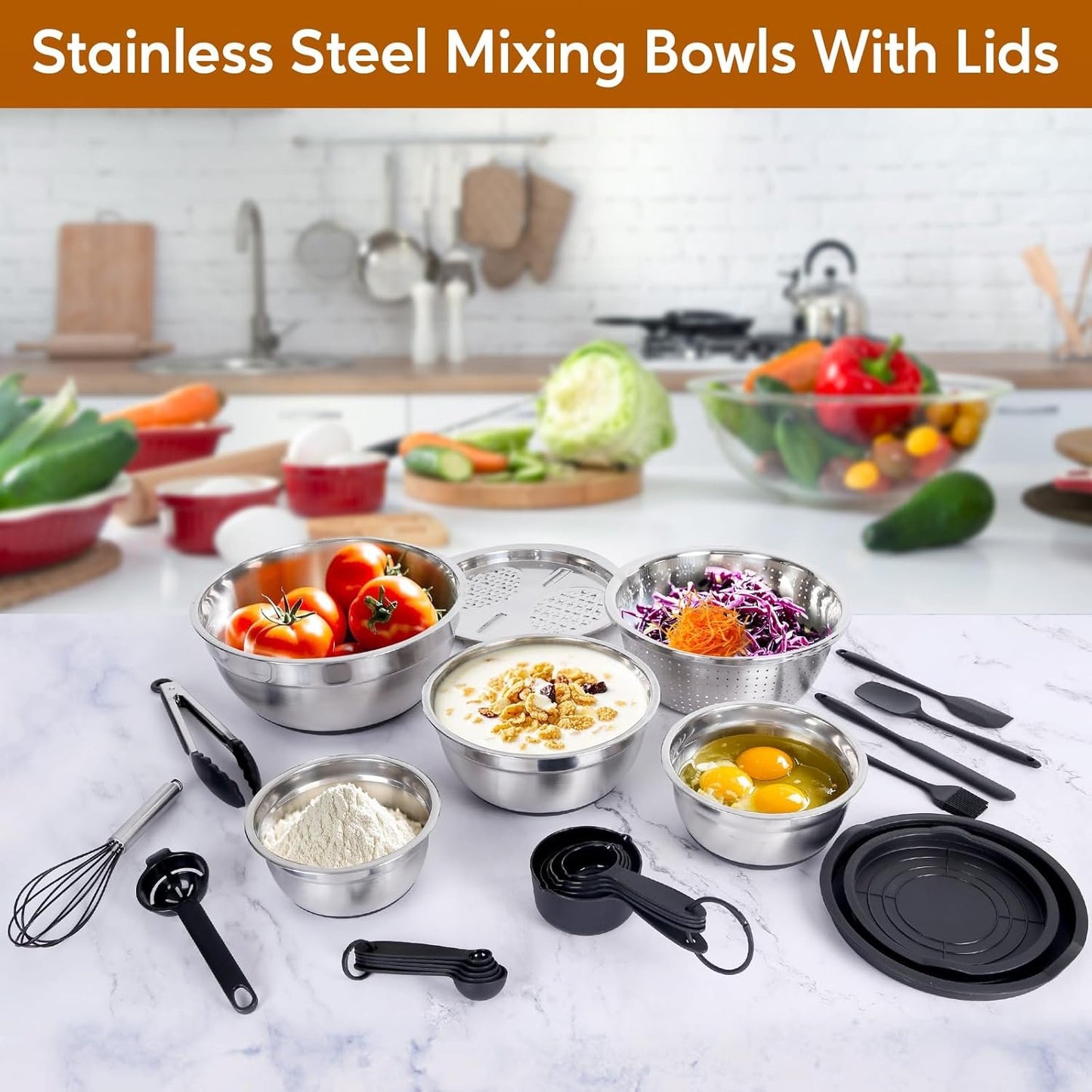 Stainless Steel Mixing Bowls with Lids–Nesting Set with Airtight Lids, Colander & Grater for Kitchen Prep, Cooking & Baking,Non-Slip|Bols à mélanger en Acier inoxydable, antidérapants,Black