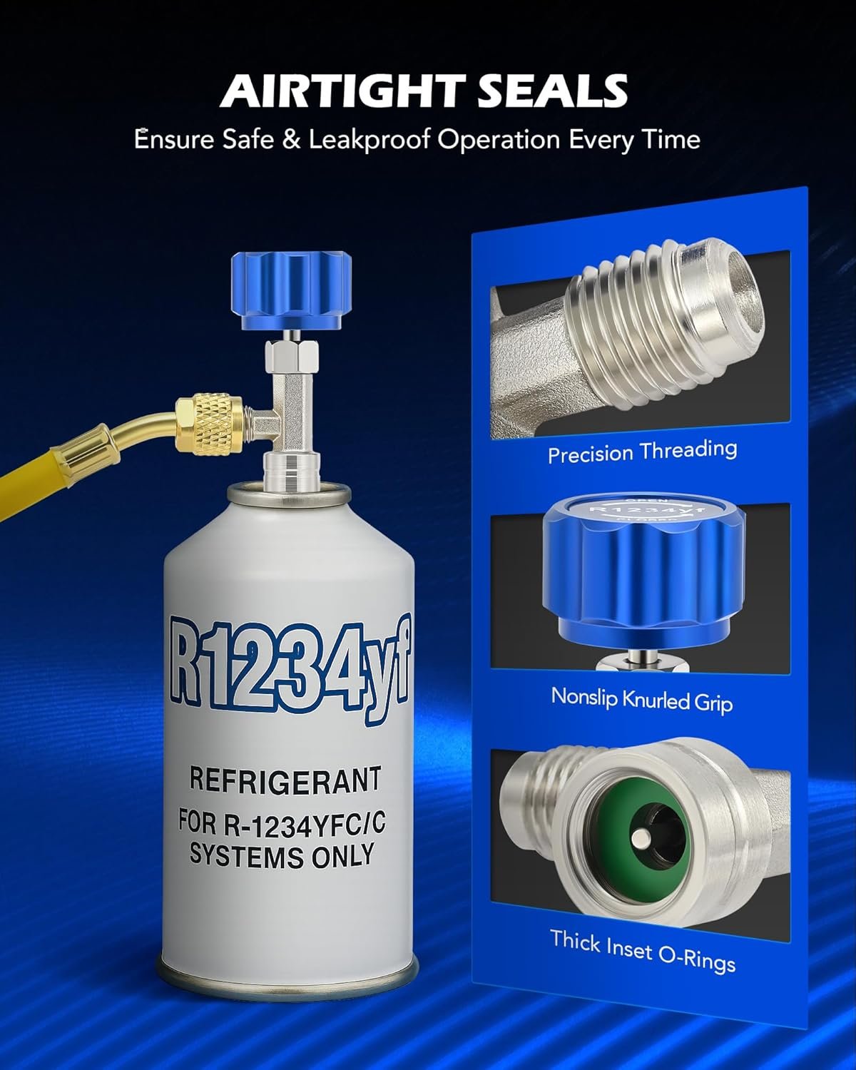 Orion Motor Tech R1234yf Can Tap Valve, Self Sealing R1234yf Refrigerant Dispenser HVAC Tool with 1/4" and 1/2" Hose Adapters for Refilling Automotive SUV Truck Car AC Air Conditioning Systems