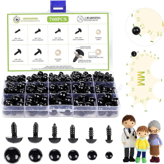 MUCUNNIA 700 PCS 6-14 MM Safety Eyes Crochet with Washers and Size Tools Crochet Eyes for Animals Safety Eyes Amigurumi for Crochet Animals Craft Eyes for DIY Making Soft Toy Easter