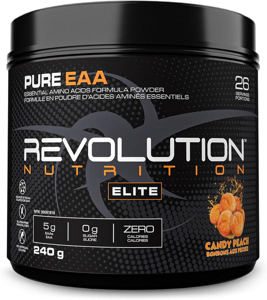 Revolution Nutrition, Pure EAA Powder, Essential Amino Acid, Post Workout, Zero Calorie, Zero Sugar, Gluten Free, Enhanced with Electrolytes, 5g EAAs, 240 g, 26 Servings (Candy Peach, 0.53 Pound)