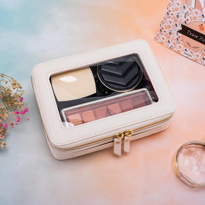Makeup Bag for Women, Clear Cosmetic Bags Travel Toiletry Bag, Heavy Duty Makeup Organizer, Cute Makeup Case Bag Accessories with Clear Windows & Gold Zippers(White)