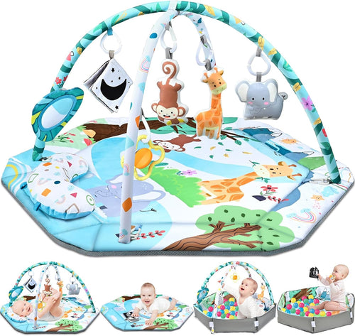 Baby Gym Play Mat, 8-in-1 Tummy Time Mat & Ball Pit with 6 Toys, Washable Baby Activity Play Mat for Visual, Hearing, Sensory, Motor Development, Baby Toys Toddler Infant 0-3-6-9-12 Months